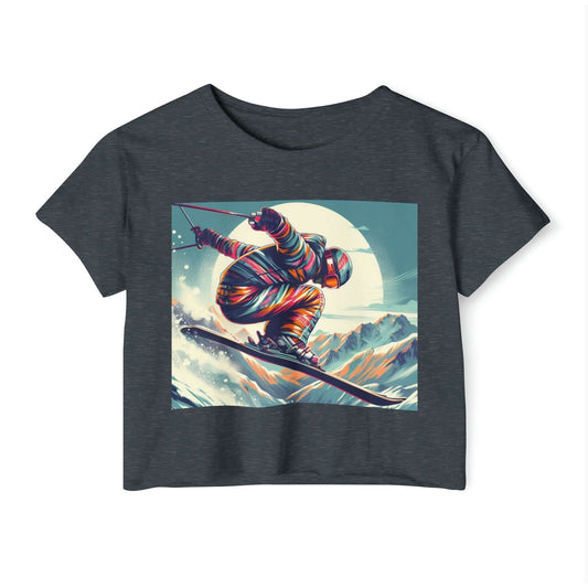 Festival-Ready Crop Top: Retro Skier Graphic Tee for Women – Young at Heart. Modern Fit. Stylish Cinched Waist. Fashion Statement.