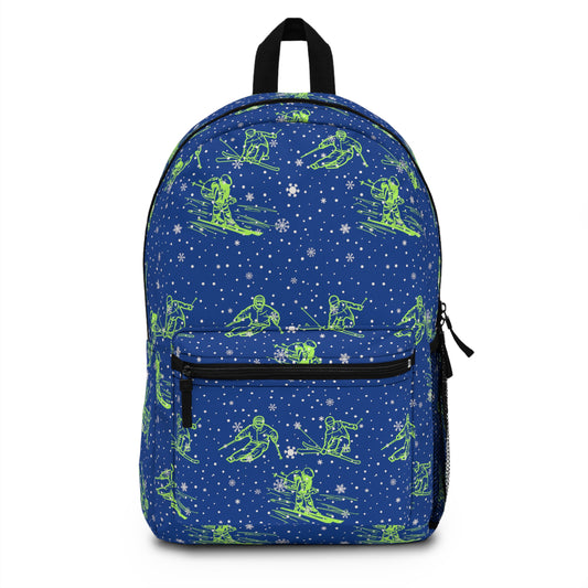 Blue ski-inspired kids backpack. Back-to-school book bag. Everyday school bag. Motivational school bag for children. Backpack for little skier. Durable school backpack for kids. Fashionable backpack for school kids. Student bag. Lightweight bag.