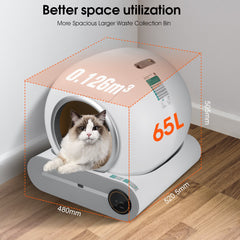 Cat litter box with spacious interior for cats of all sizes. Cat litter box with integrated weight sensors for health tracking. Cat litter box with touch panel and app control for convenience. 