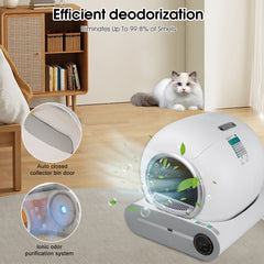 Modern cat litter box with automatic odor control. Spacious cat litter box designed for comfort and convenience. Quiet cat litter box with efficient odor removal. High-tech cat litter box with app-based control. 