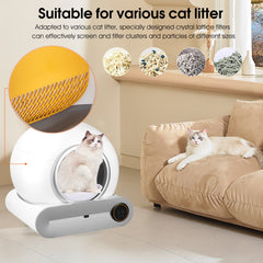 App-controlled cat litter box for easy operation. Cat litter box with integrated safety features. Cat litter box with WiFi connectivity for remote access.