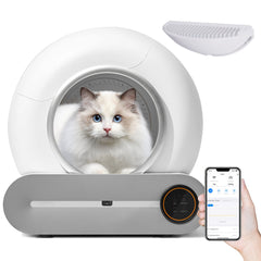 A smart cat litter box with automatic cleaning and odor removal. Self-cleaning cat litter box with WiFi app control for easy maintenance. Intelligent cat litter box with health monitoring and weight sensors. 