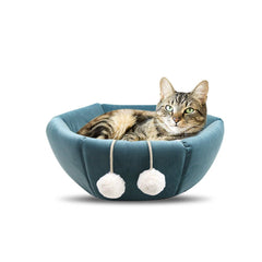 Foldable Velvet Cat Bed - Cozy Bowl or Snuggly Nest with Cushion and Pom Poms - 3 Colors Available - Best Gifter Ever: Everyday Items and Unique Gifts for Ski, Snowboard, Travel, and More