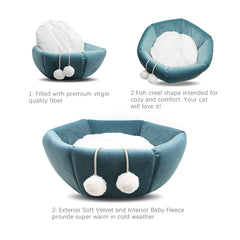 Foldable Velvet Cat Bed - Cozy Bowl or Snuggly Nest with Cushion and Pom Poms - 3 Colors Available - Best Gifter Ever: Everyday Items and Unique Gifts for Ski, Snowboard, Travel, and More