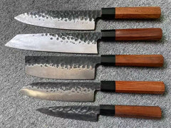 High-End Gourmet Knives: Professional Knife Set with African Mkuruti Wood Handles. Culinary wedding gift.