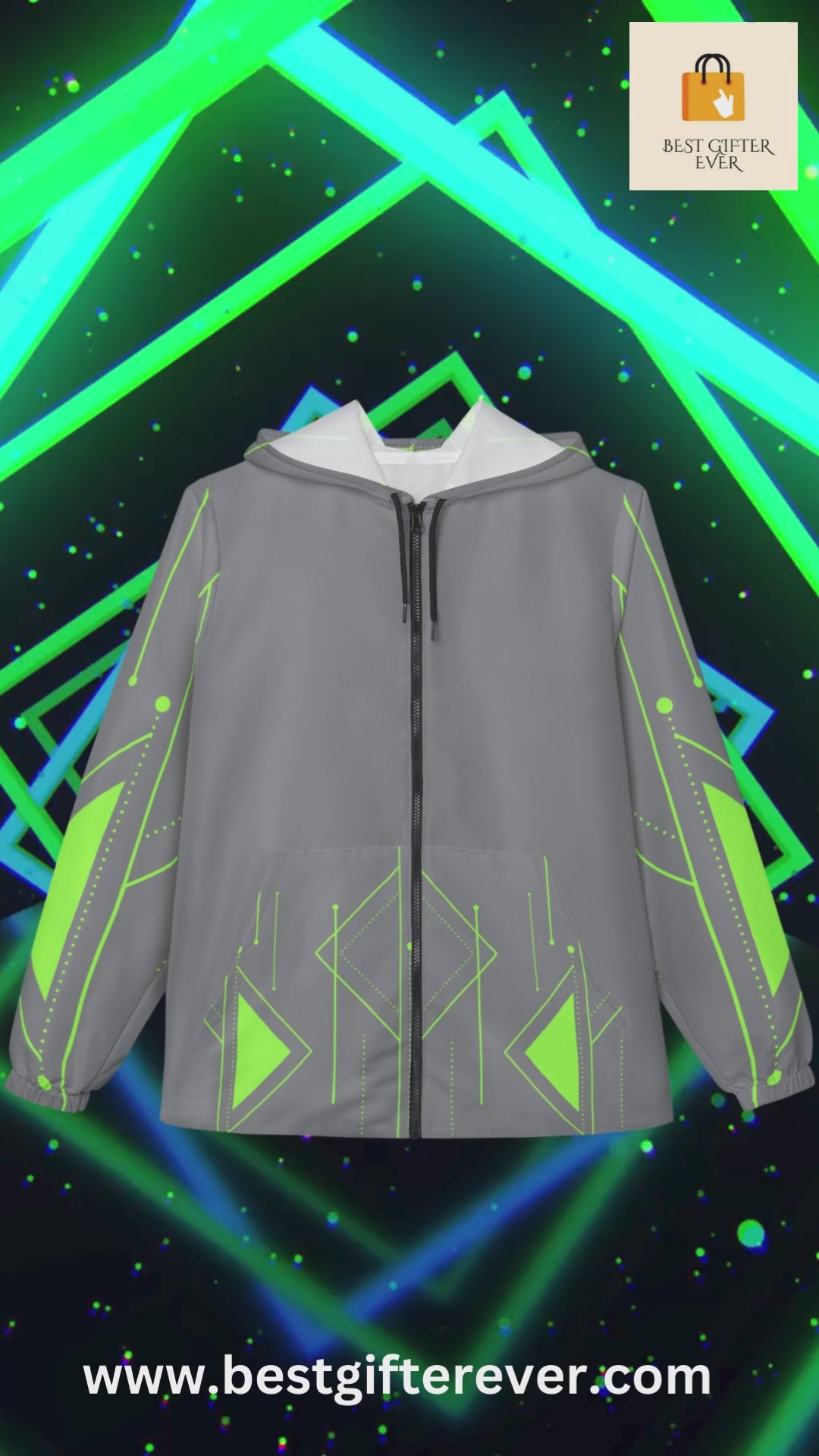 Men’s Geo-Green Print Windbreaker Jacket - Modern Gray, Lightweight & City-Sleek