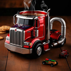 Truck-themed gift, unique coffee mug, semi-truck collectible, truck-inspired drinkware, and novelty kitchen accessory.