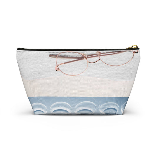 Versatile travel case for contacts and glasses. Stylish cosmetic bag for modern travelers. Durable travel case with sleek design. Elegant travel case with blue glasses design. Uncommon goods. Uncommon gifts..